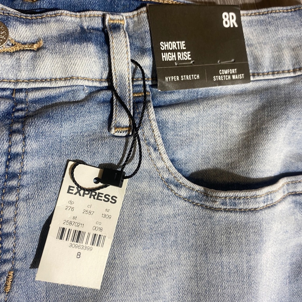 Express Shortie High Rise Denim Shorts Light Wash Hyper Stretch Size 8R New‎ - Picture 4 of 6